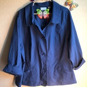 Avenue Button Front Collared Jacket, Blue, Linen/Cotton Blend, NWT, 26/28